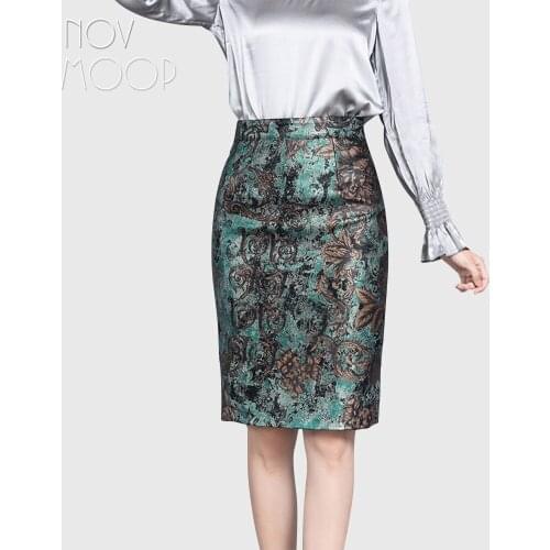 High street fashion floral printed women spring summer over-knee zipper sheepskin genuine leather skirt jupe femme falda LT2988