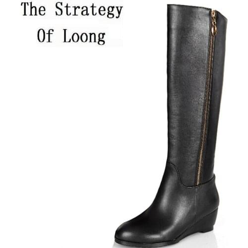 Spring Autumn Plus Size 44 45 Women Genuine Leather Height Increasing Knee-High Long Boots Ladies Pointed Toe Boots 20200307