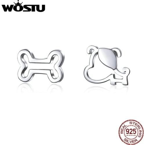 WOSTU Doggy & Bones Stud Earrings 100% 925 Sterling Silver Small Earrings For Women Silver 925 Jewelry Original Design CQE649
