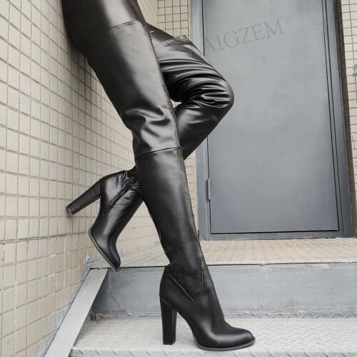 LAIGZEM Women Thigh High Boots Round Toe Chunky Thick Heels Side Zip Frauen Stiefel Faux Leather Shoes Woman Big Size 40 47 52