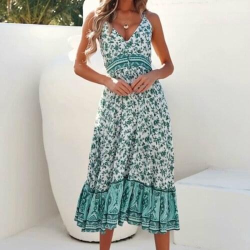 Happie Queens women green floral print sleeveless beach Bohemian maxi dress Ladies v-neck rayon cotton Boho dress vestidos