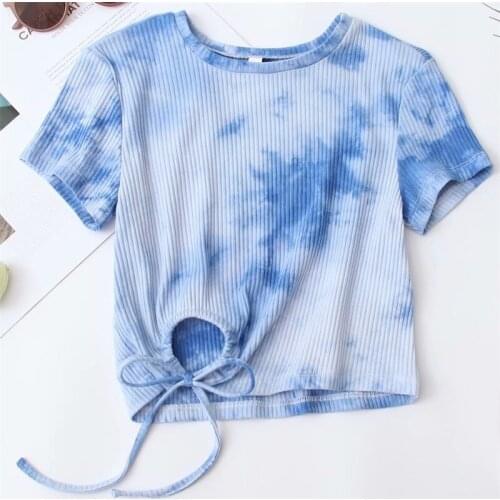 ZXQJ Women 2021 Fashion Tie Dye Drawstring CasualT-shirt Vintage O Neck Short Sleeve Short Female Shirts Blusas Chic Tops