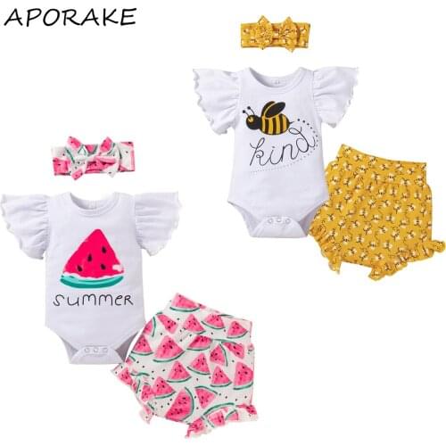2021 0-12M Cute Infant Girl Clothing Bee Cartoon/Watermelon Print Ruffle Fly Sleeve Romper+Triangle Shorts+Headband Summer 3pcs
