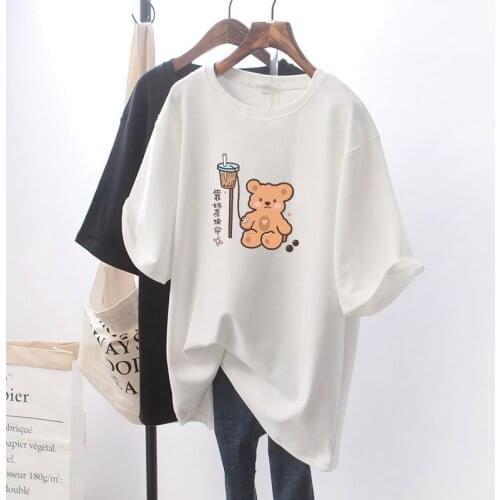 2021 Summer New Willow Nail Pearl Lace Bear Cotton Loose Large Size Half-Long Base T-shirt Women Fashion Tops Woman Tshirts