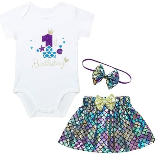 Baby Girl One Year Birthday Dress Mermaid Cake Smash Outfit 1st First Birthday Romper+Sequins Party Tutu Skirt 3Pcs Clothes Sets