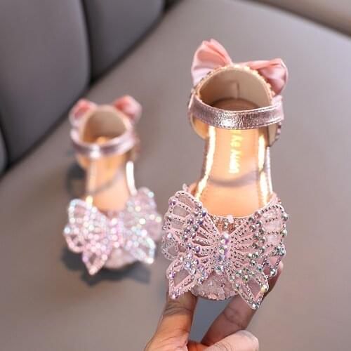Blingbling Bow-knot Rhinestone Sandal New Kids Princess Shoes Wedding Party Little Girls Crystal Dance Performance Shoes E366
