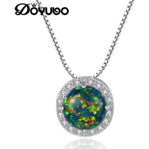 DOYUBO Classical Women Round Opal Charms Necklaces 925 Sterling Silver Cubic Zircon Pendant Necklaces Wedding Jewelry VA284