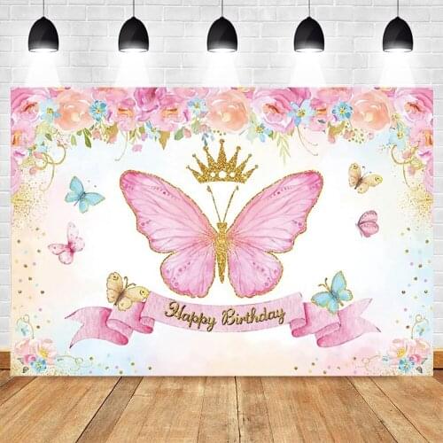 Butterfly Pink Flower Princess Newborn Baby Shower Birthday Photography Backdrops Photographic Background Photo Shoot Photophone