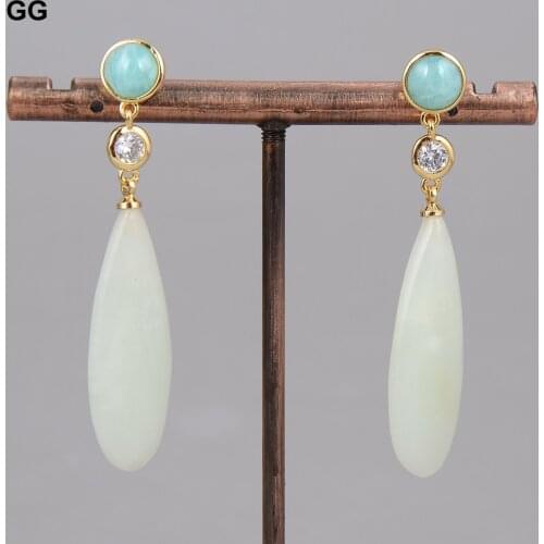 GuaiGuai Jewelry 2" Crystal Jade Teardrop Green Jade Amazonite Drop Earrings For Women