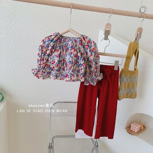 2021 Korea style girls boys 2 pcs set printed shirt+long pants autumn cotton kids suit 2-8 years