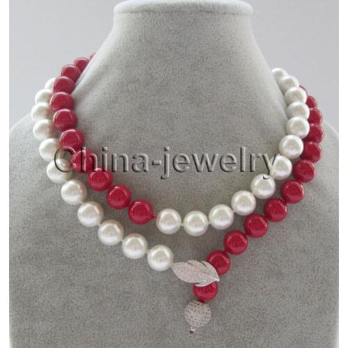 35" 12mm white+ red coral color round south sea shell pearl necklace - 925silver