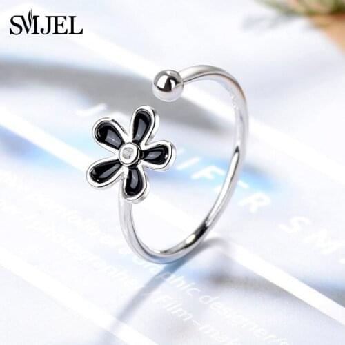 SMJEL Trendy Black Flower Rings for Women Girl Jewelry Ring Adjustable Wedding Wholesale Jewelry Gifts Anel