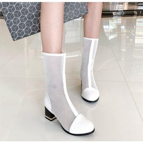 2020 New Spring Summer Boots Women Round head Toe Mid Calf Boots Thick Heel Back Zipper Shoes Woman Net Surface Shoes Woman