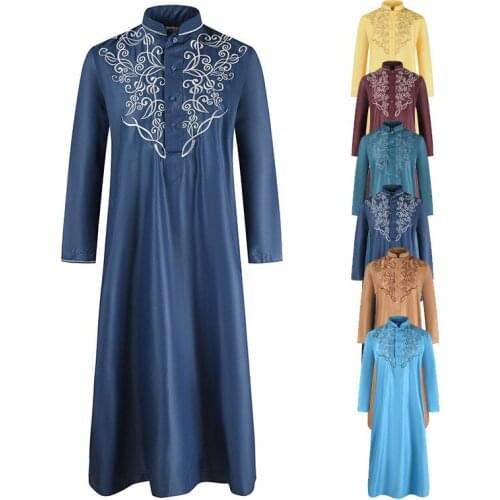 Solid Color Men Muslim Dresses Embroidery Kaftan Robes Islamic Clothing Vintage Long Sleeve Robes Stand Collar Jubba Thobe PW212
