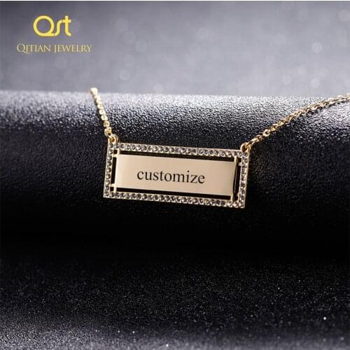 Personalized Iced Out Zirconi Engrave bar Necklace Custom name Any Language choker Gold stainless steel jewelry women/men gift