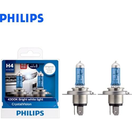 Philips H4 9003 12V 60/55W P43t Crystal Vision 4300K Bright White Light Halogen Hi/lo Beam for Car Headlight 12342CVSM, Pair