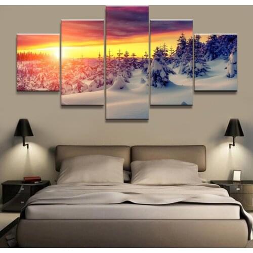 Wall Canvas Paintings 5 Piece HD Fantasy Art Sunset Snowy Forest Pictures Art Poster For Home Living Room Decoration
