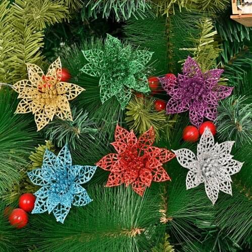 Christmas Decoration DIY Artificial Flowers Glitter Fake Flowers Xmas Ornaments New Year Gift for Parties Gardens