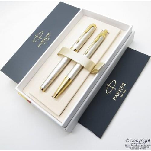 Parker IM Premium Pattern Satin-Gold Fountain Pen + Ballpoint Pen | İsme Special Pen | Gift Pen