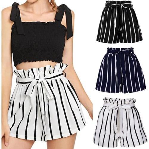 Striped Print Belt Knot High waisted Casual Short Streetwear Pockets High Quality Ruffles shorts Shorts Womens Drop Shipping