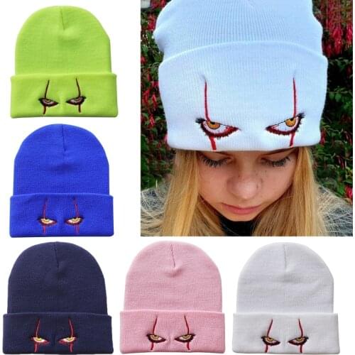 Unisex Winter Knitted Beanie Hat Scary Clown Eyes Embroidery Hip Hop Cuffed Skull Cap Halloween Cosplay Party Headpiece