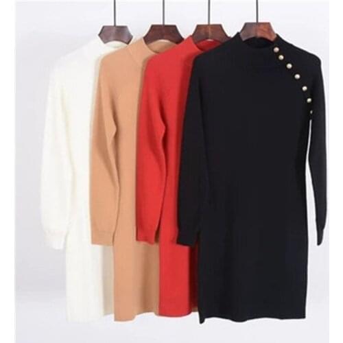 Wool acrylic blend solid knit women unique style buttons Oneck long pullover sweater dress black 4color S-L retail wholesale