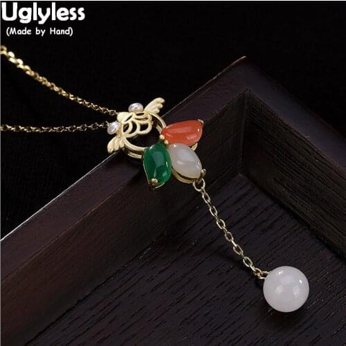 Uglyless Real 925 Silver Goldfish Jewelry Sets Women Gemstones Jade Ball Tassel Pendants Necklaces Cute Fishes Earrings Brincos