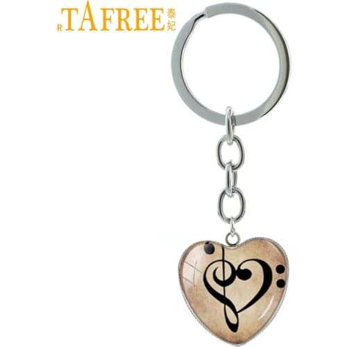 TAFREE Vintage Bass Treble Clef Heart Pendant key chains ring Music Inspiration Jewelry musical note musician keychain HP176