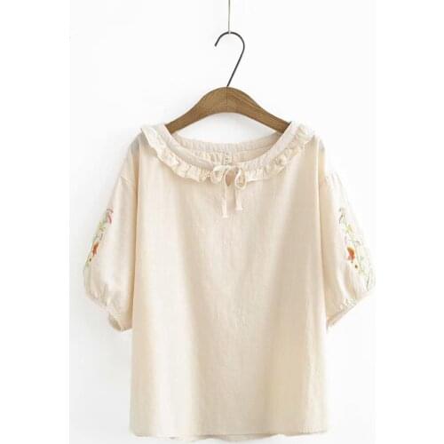 Plus size cotton embroidery sleeve Slash neck women loose tshirts 2020 new summer casual ladies soft solid navy t shirts female