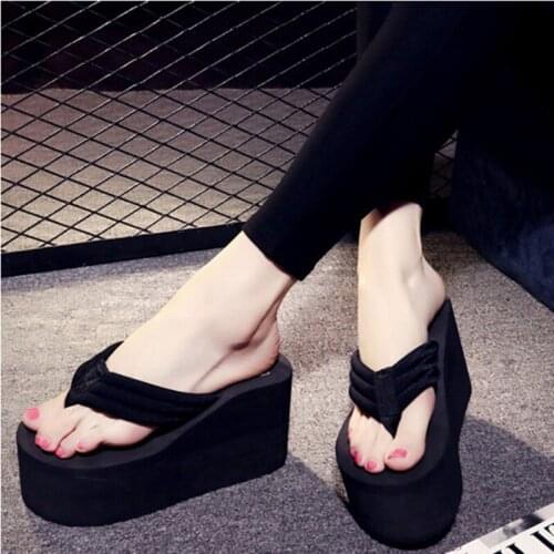 Women Slippers Fashion Summer High Heel Slippers Beach Flops Slipper Platform Beach Shoes Sandals Non-slip Feet