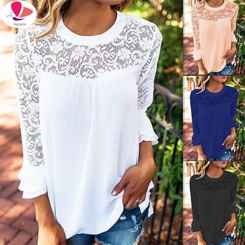 2020 New Autumn Spring Casual Basic Women Lace Chiffon Top Shirts Solid Tops White Blusas Long Sleeve OL Embroidery Big Size