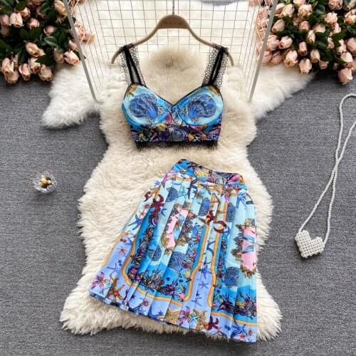 Ins Fashion Women Floral Two Pieces Set Sexy Eyelash Lace Trim Sleeveless Crop Top and High Waist Mini Pleated Skirt Suits 2021