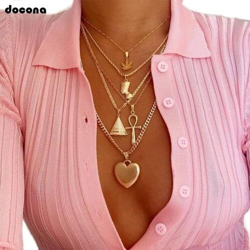 Docona Punk Gold Color Heart Cross Triangle Statue Maple leaf Multilayer Necklace for Women Geometric Pendant Necklace 7106