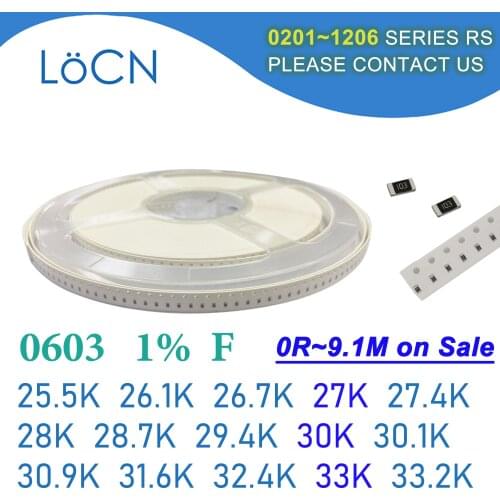 0603 1% 5000PCS SMD Resistor F 25.5K 26.1K 26.7K 27K 27.4K 28K 28.7K 29.4K 30K 30.1K 30.9K 31.6K 32.4K 33K 33.2K 1608 OHM