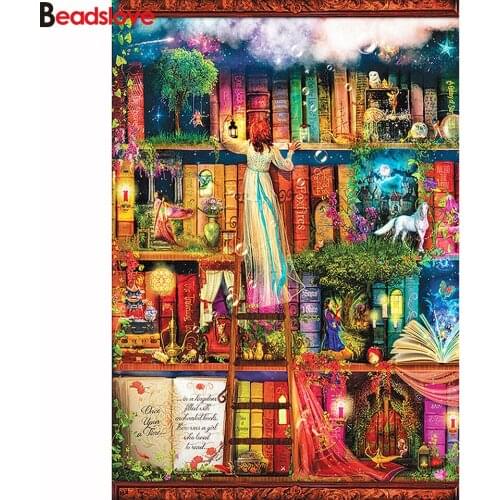 5D DIY Diamond Painting Fantasy animals Book Shelf full Square Round Drill 3D Embroidery Cross Stitch Study room decor Gift