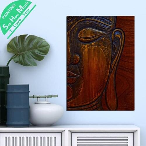 1 Piece Wood Carved Buddha Face HD Printed Canvas Wall Art Posters and Prints Poster Painting Framed Artwork Room Decoration