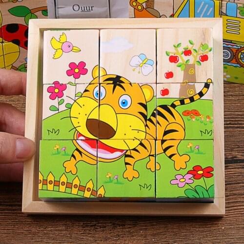Wooden Animal Puzzle Kids Toys 6 Sides Wisdom Jigsaw Early Education Learning Toys Tangram Children Game 9pcs Single 3D Puzzle