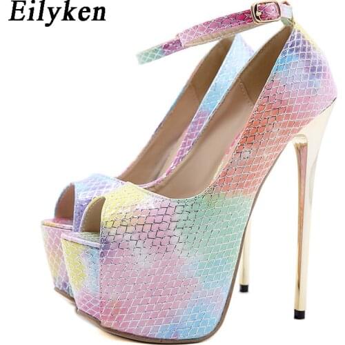 Eilyken Rainbow Color PU Leather Women Pumps High Heels Fashion Open Toe Ankle Buckle Strap Sandals Ladies Platform Shoes