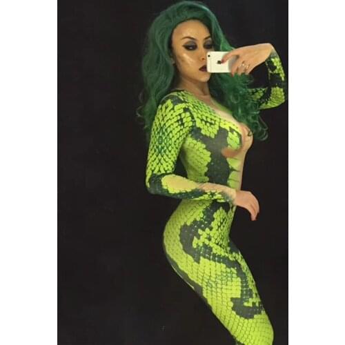 Ballroom dance costumes sexy Snake tattoo Printing jumpsuit catwalk performance dj clothe singer wears dress outfit party bar