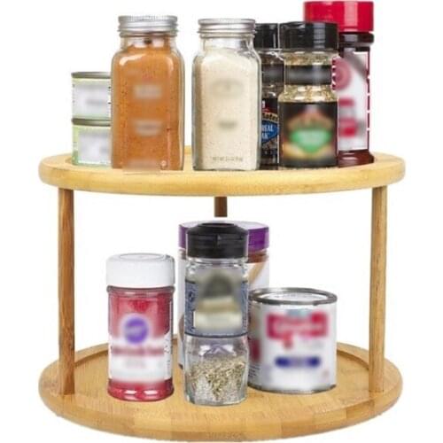 Round Bamboo Turntable Cabinet Organizer 2 Tier Spice Rack Removable Spinning Tray Organizer for Kitchen Cabinet Shelf