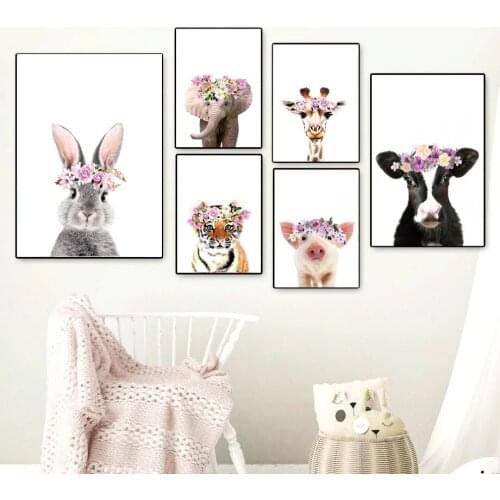 Elephant Giraffe Tiger Rabbit Cow Pig Wall Art Print Canvas Painting Nordic Posters And Prints Wall Pictures For Kids Room Decor