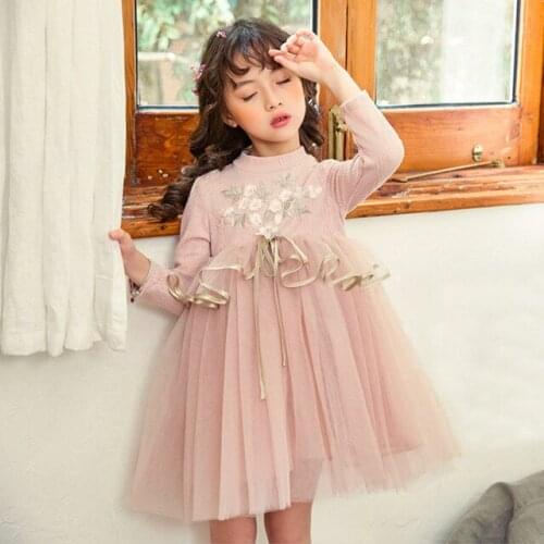 2021 New Toddler Girls Long Sleeve Dress Kids Fashion Princess Dress Flowers Net Yarn Splicing Tutu Dress For Girls Party Dress