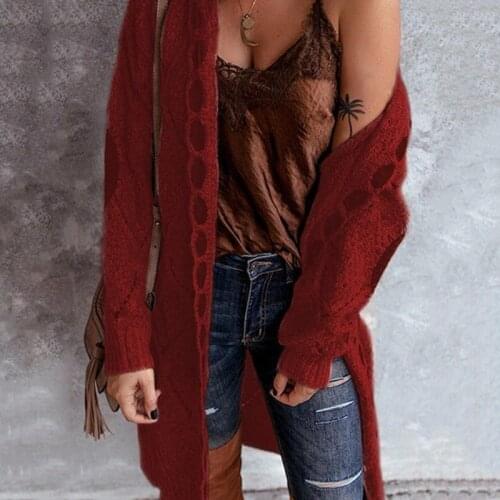 2021 Solid Color Cardigan Long-sleeved Knitted Sweater Womens Hollow Knit Casual Sweater Womens Loose Mid-length Cardigan