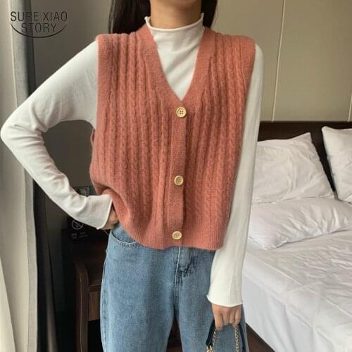 Autumn Short Loose V-neck Retro Woman Vests Spring Knitted Vest Women Cardigan Sleeveless Outer Wear Trendy Sweater Female 16089