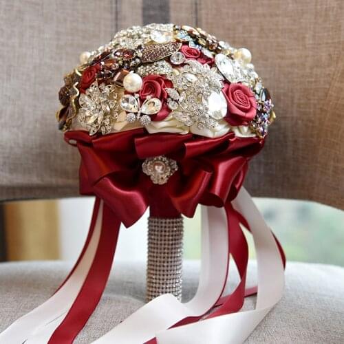 Luxurious Crystal Brooch Bridal Wedding Bouquet Artificial Rose Flowers 2019 Bride Marriage Bouquet Handholds Bling Bling