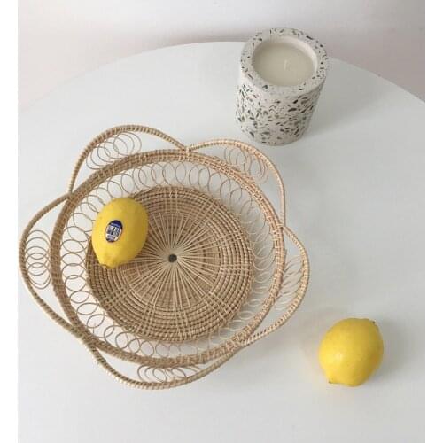 Rattan Bread Basket Petals Shape Hand-Woven Tea Tray Japanese-Style Kitchen Cotton Linen Braided Table Placemats Cloth