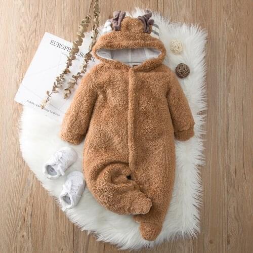 Christmas antler hat boys and girls baby long-sleeved winter warm hooded thick plush one-piece footwear roupa de bebe menino M4