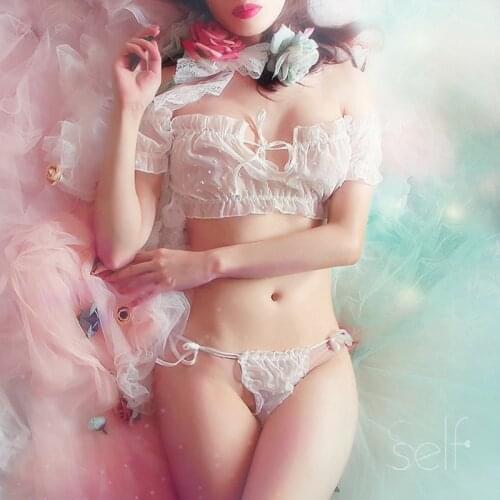 Fresh Cute Sexy Lace Chiffon Polka Dot Ultrathin Bra and Panty Underwear Pajamas for Women Seducive Brassiere Lingerie Set