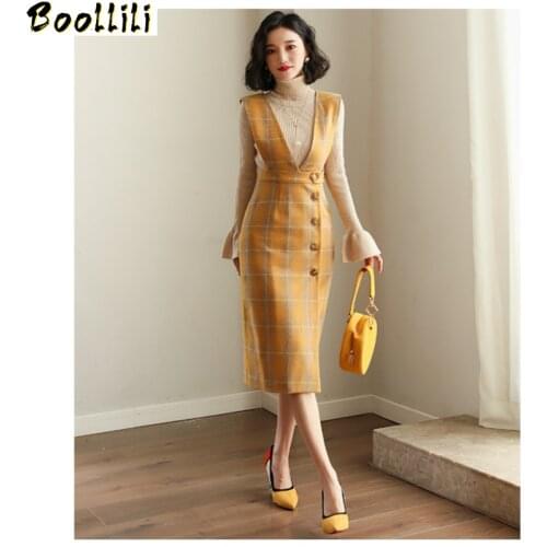 Spring Autumn Two Piece Set for Womens Korean Fashion Knit Strap Dresses Long Sleeve Sweater Dresses Elegant Dress Womens