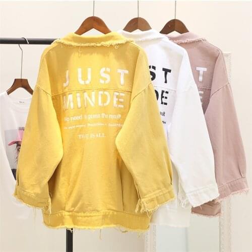 2020 New Letter Print Boyfriend Jeans Jacket for Women Girl Candy Color Denim Cotton Jacket Lady Coat Loose Hole Chaqueta Mujer
